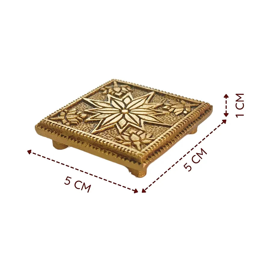 anciently Brass Pooja Chowki Square with Flower Design | Sqaure Brass Chowki for Puja, Brass, Gold Colour, 1 Piece
