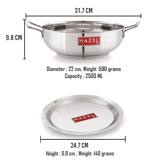 Hazel Induction Base Kadai Kadhai 22 cm with 2500 ml Capacity Stainless Steel with Steel Lid Cover