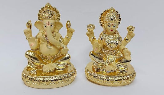 Gold Art India Gold Plated New Chakra Laxmi Ganesha Pair Idol Laxmi Gold Off White Colour