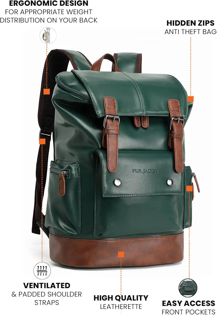 FUR JADEN Vegan Leather Anti Theft Casual Laptop Backpack with 15.6 Inch Laptop Pocket
