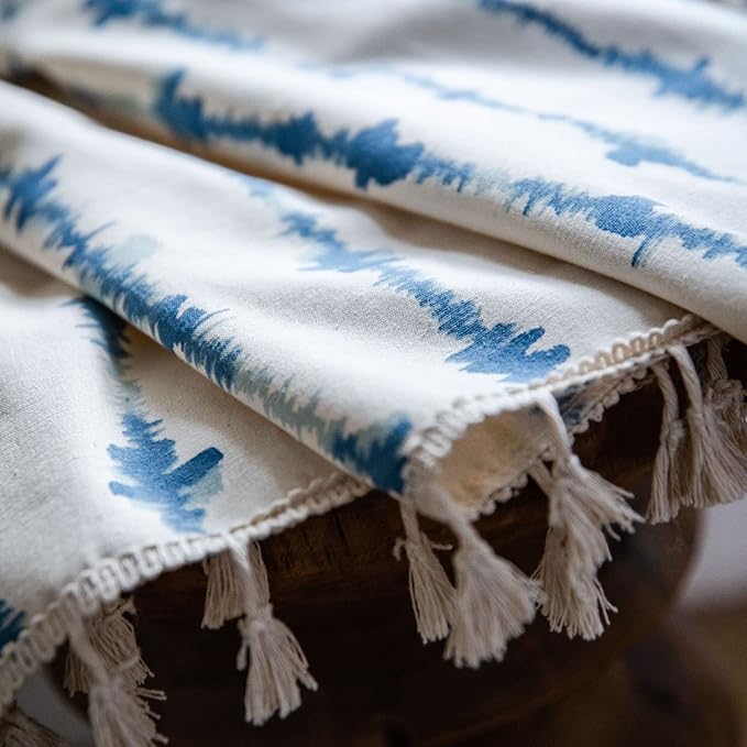Huesland Cotton Curtains for Door, 7 Feet Long 1 Bohemian Eyelet Curtain | Blue Vertical Stripes