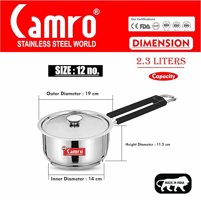Camro Induction Bottom Deep Sauce Pan with Lid (12 No, 2.3 Liters) Gas Stove Compatible