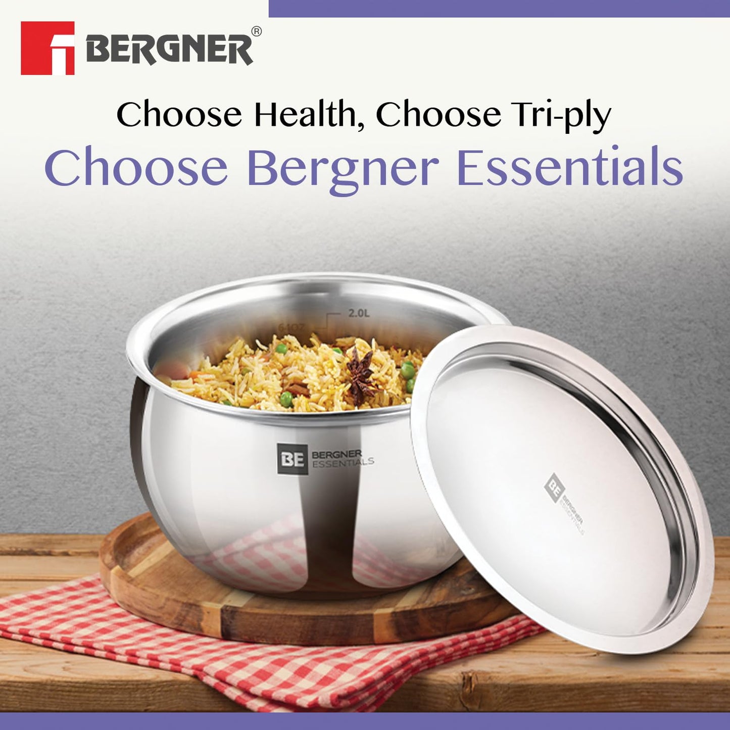 Bergner BE Bergner Essentials Tri-Ply Stainless Steel 20 cm Rice Handi with Lid