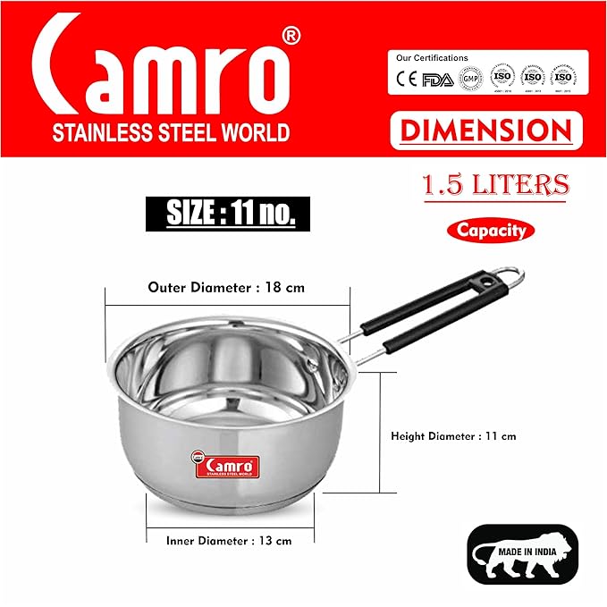 Camro Induction Bottom Deep Sauce Pan 10 No 1.1 Liters Gas Stove Compatible Dishwasher Safe