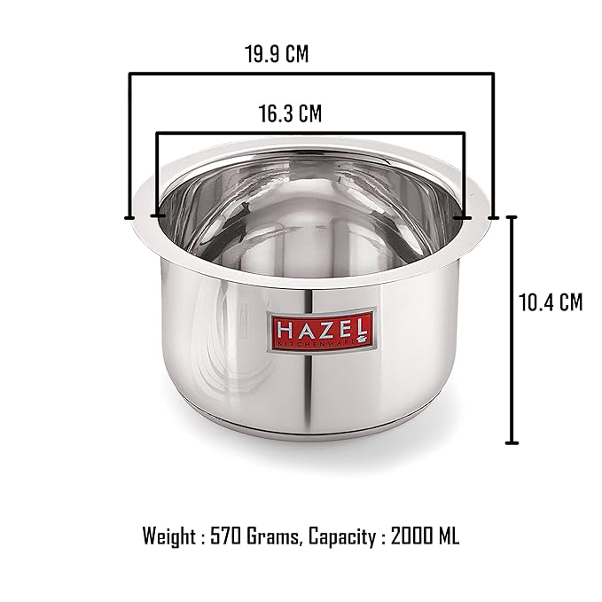 Hazel Induction Bottom Tope Stainless Steel 16.3 cm with 2000 ml Capacity Heavy Base Thick Flat Bottom