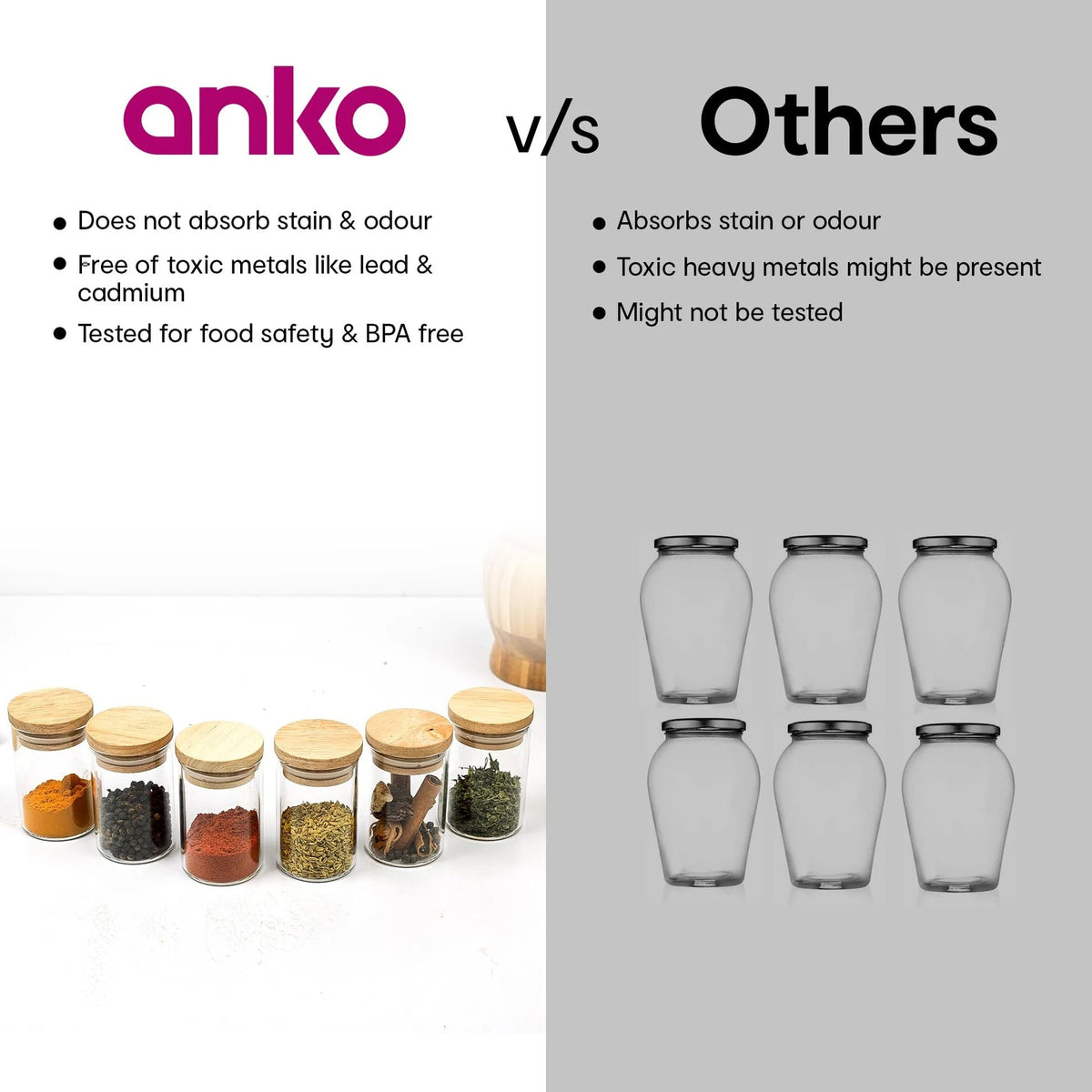 Anko Set of 6 Glass Spice Jars with Wooden Tray | 90ml | Airtight | Rubberwood Lid | Brown