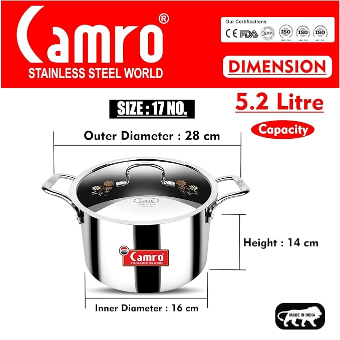 Camro Triply Artisian Serving Pot with Lid 17 No 5.2 Liters Induction Friendly Dishwasher Safe
