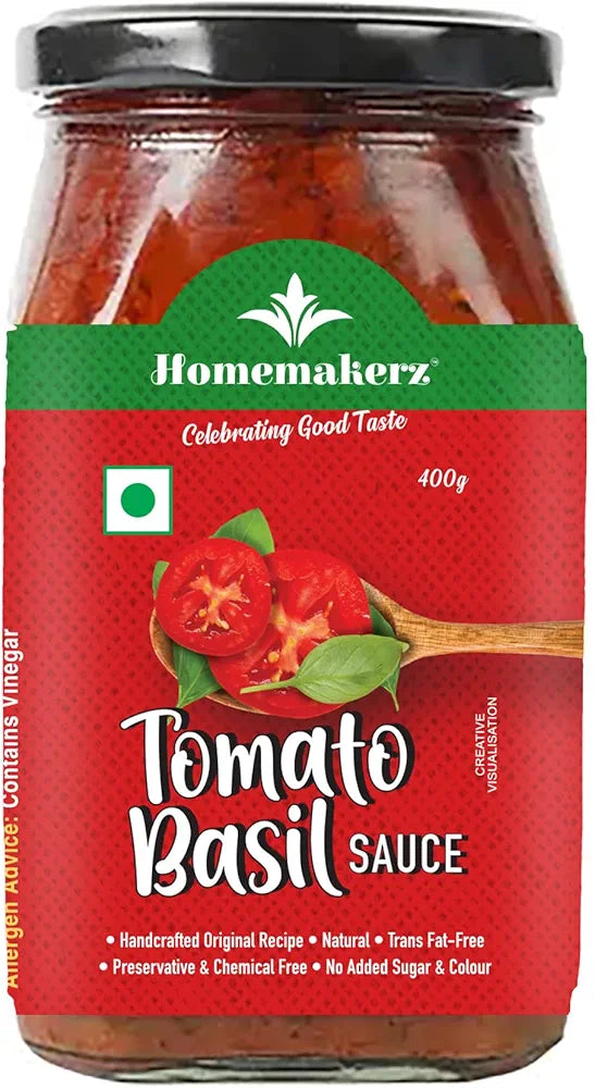 Homemakerz Tomato Basil Sauce - Italian Pizza Pasta Sauce - 400 gm - Preservative Free, Chemical Free & Trans Fat-Free