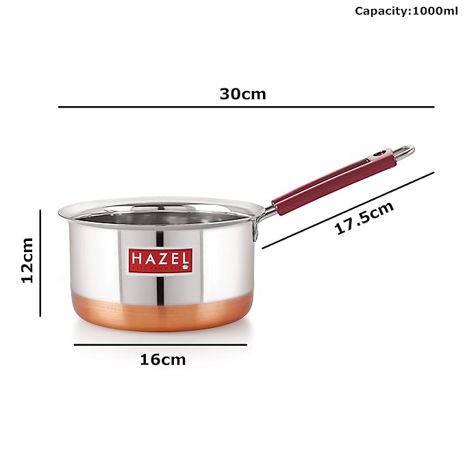 Hazel Stainless Steel Milk Saucepan Copper Bottom Tea Pan with Fixed Rubber Grip Handle 1000 Ml Silver