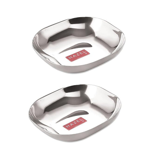 Hazel Steel Dessert Silver Plate Square Shaped Steel Plate for Snacks 450 ml Each Silver Colour