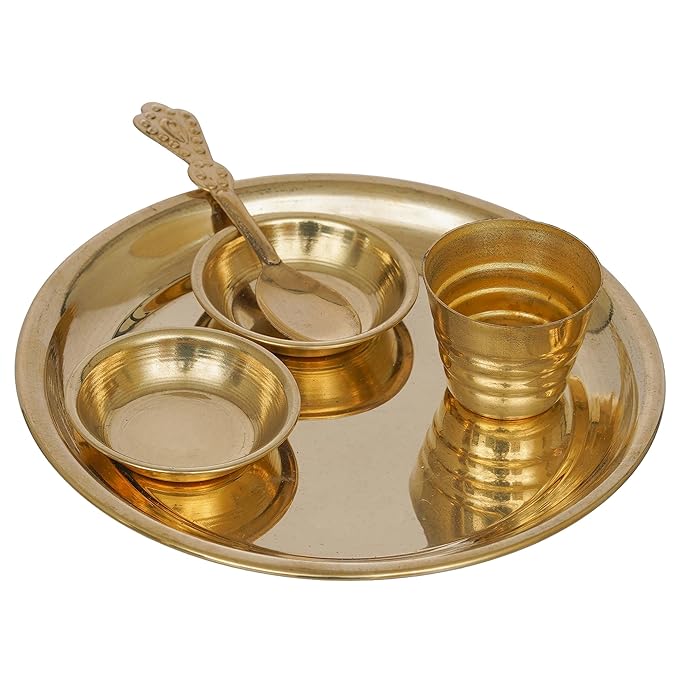 Ecraftindia Golden Brass Decorative Pooja Thali With Bowls Spoon Glass | Aarti Thali for Pooja | Puja Thali Set for Home