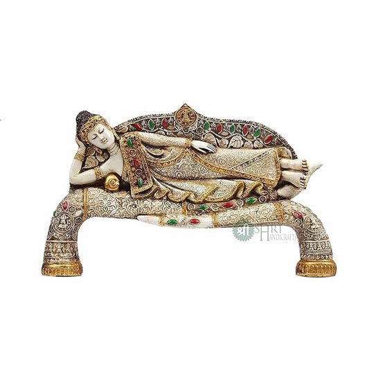 Indicast 15" Inch Handmade Buddha Sleeping Murti Stone Finish Meditating Idol Gifts Antique Design | Home Decoration, Living Room Bedroom | White