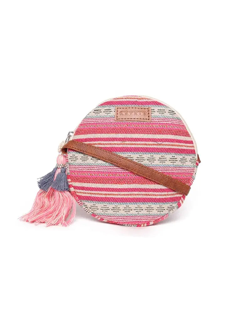 Astrid Round Textured Sling Bag For Girls With Zip Colour Pretty Pink
