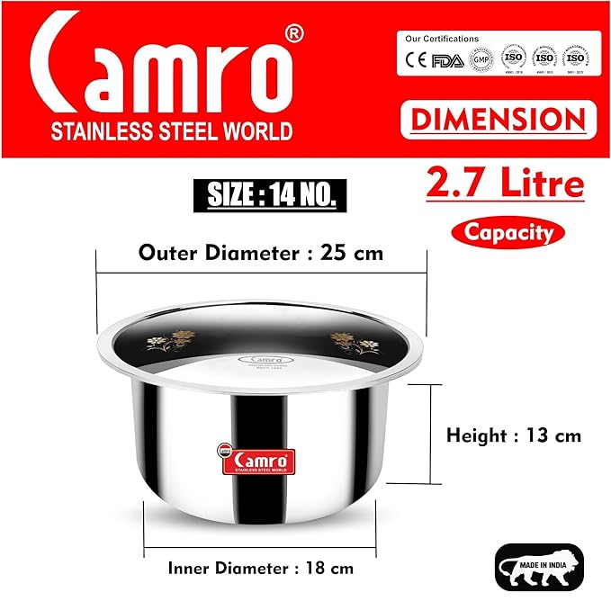 Camro Tripro Triply Artisian Tope with lid 14 No 2.7 Liters Capacity Cauldron Tope Handi