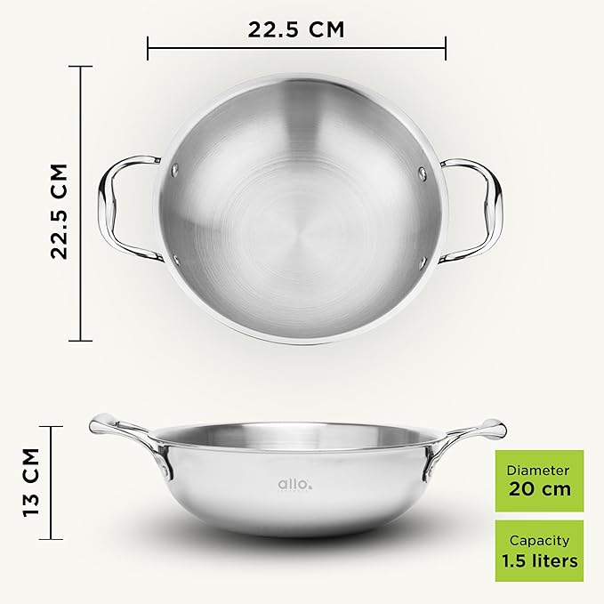 Allo Triply Stainless Steel Kadhai with Handles Perfect Kadhai for Curry 20cm 1.5 litres Without lid