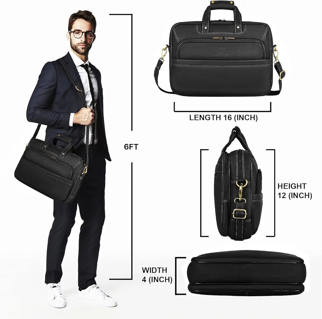 WildHorn Classic Leather 16 inch Laptop Messenger Bag for Men I Office Bags I Travel Bags I Carry Handles with Adjustable Strap I Dimension: L- 16 inch H-12 inch W- 4 inch