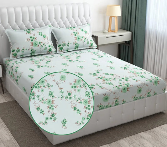 Fresh From Loom Floral Print 240 TC Microfiber Fitted King Size Bedsheet Set with 2 Pillow Cover Soft-Cyan