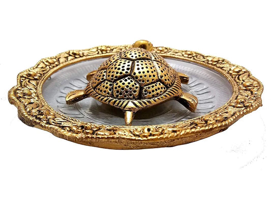 Chhariya Crafts Metal Feng Shui Tortoise on Plate Showpiece for Good Luck