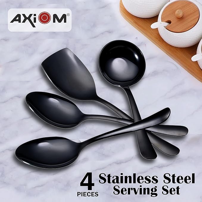 Axiom Stainless Steel Serving Tools Set Black 4 Piece Heavy Gauge Non-Stick Set