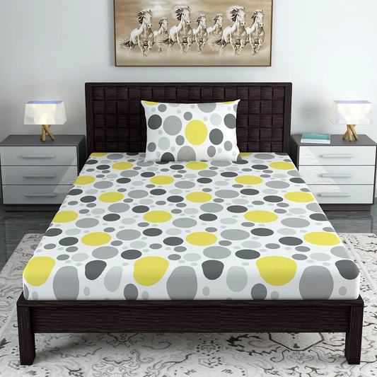 Divine Casa 144 TC 100% Cotton Single Bedsheet with 1 Pillow Cover Geometric Pattern Colour Grey & Yellow
