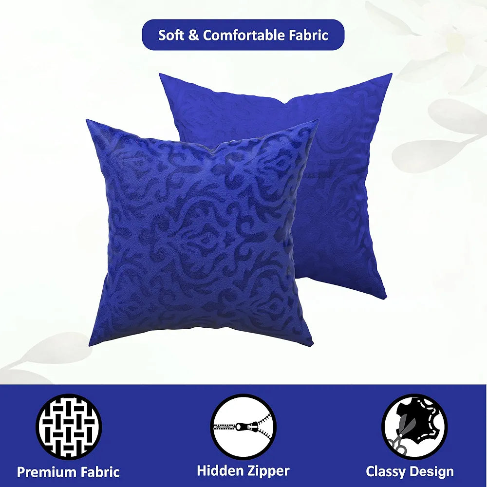 Kuber Industries Set of 5 Washable & Removable Velvet Sofa Pillow Covers with Zip Floral Design Royal Blue
