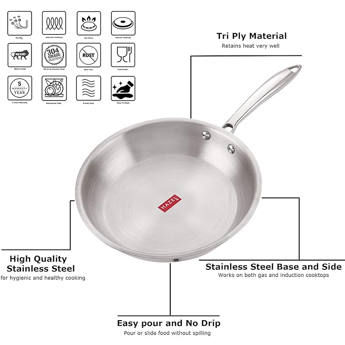 Hazel Triply Stainless Steel Frying Pan Induction Base Bottom Deep Fry Pan with Steel Lid 1.8 Litre 22 cm