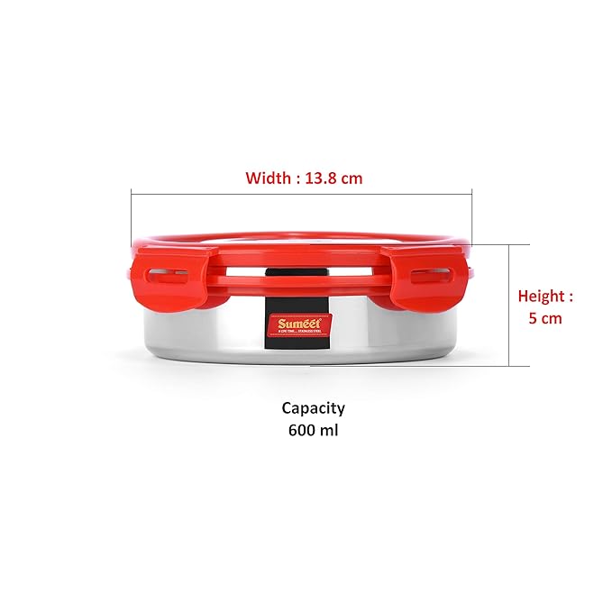 Sumeet Airtight & Leak Proof Steelexo Stainless Steel ContainersLunch Box Lid Size 600 ml Red