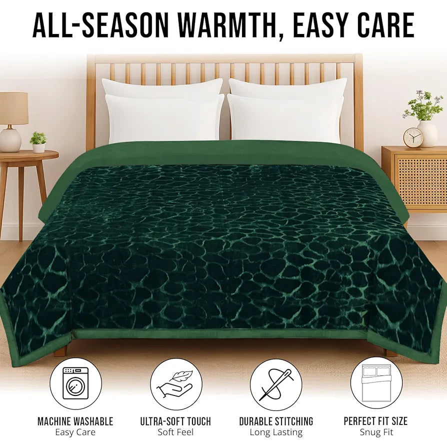 Cloth Fusion Floral Embossed Mink Blanket for Winter Double Size Soft Kambal for Comfort & Warmth Forest Green