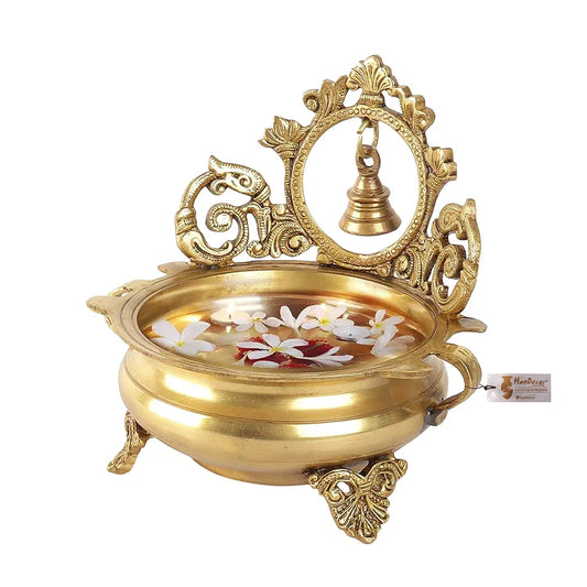 Two Moustaches Ethnic Indian Carved 7 Inches Brass Decor Urli Bowl with Bell