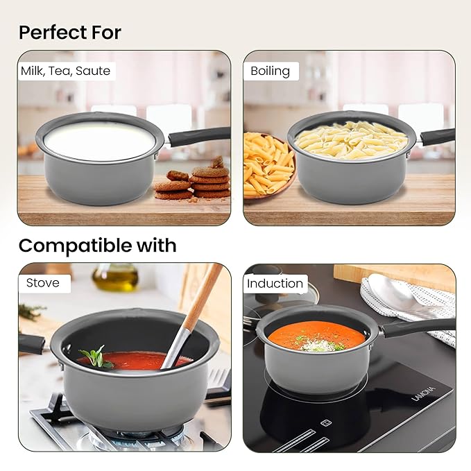Savya Home Hard Anodized Aluminum Sauce Pan with Stainless Steel Lid Set 2.3 L
