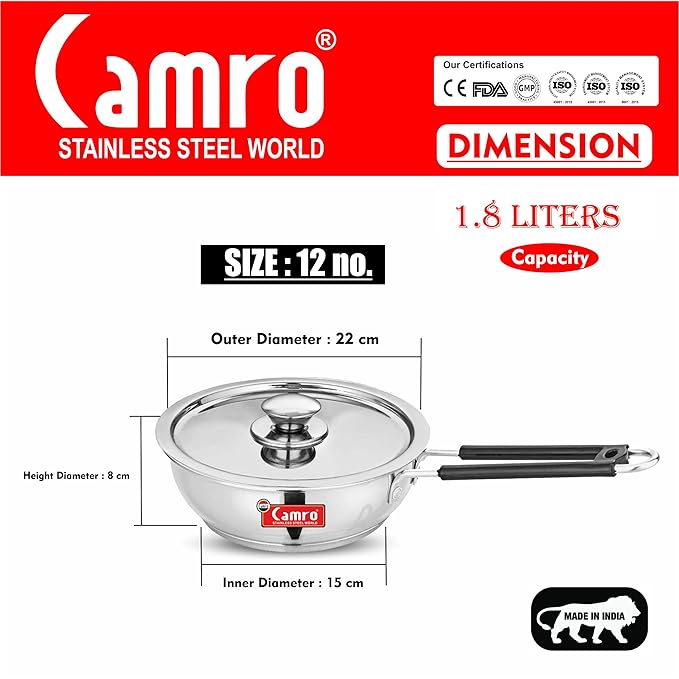 Camro Induction Deep Fry Pan with Lid 12 No 1.8 Liters Stainless Steel Compatible with All cooktops
