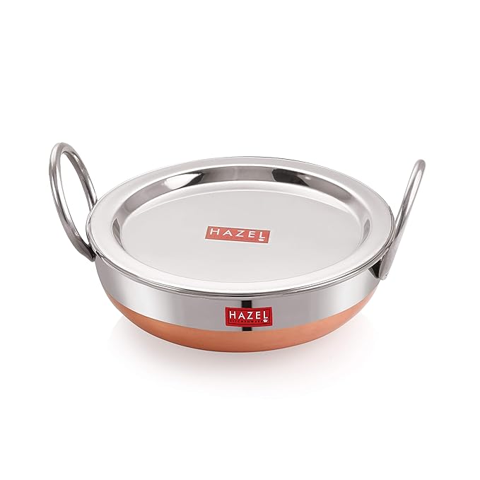 Hazel Stainless Steel Kadai with Lid Copper Bottom Utensil Capacity of 1Ltr I 18 Gauge Vessel