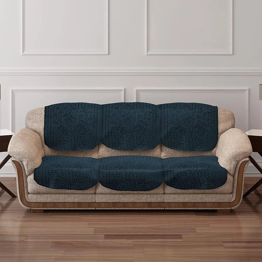 Cloth Fusion Italian Velvet Sofa Cover 5 Seater Set Perfect Floral Embossed Sofa Cover 3 Seater and 2 Seater Blue