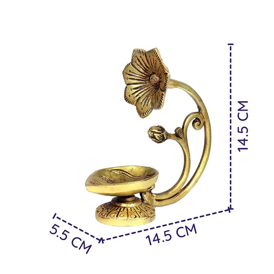 Anciently Antique Brass Flower Diya | Antique Brass Deepam | Antique Diya Brass 14.5cm Height, Gold Colour