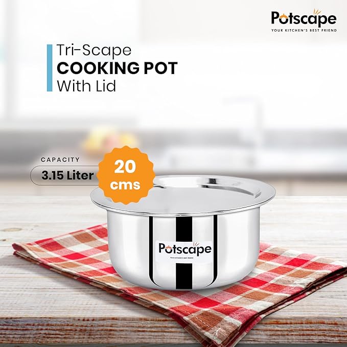 Potscape Triply Cooking Pot with Lid 20 cm 3.15 Ltr Even Heat Distribution