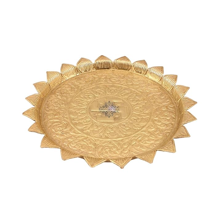 Indian Art Villa Pure Brass Pooja Decorative Thali Plate With Sathiya Floral Embossed Leaf Edge Design Diameter|13.2" Inches