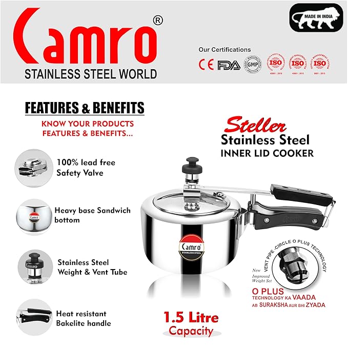 Camro Steel Pressure Cooker Steller 1.5 Liters Inner Lid Induction and Gas Stove Friendly