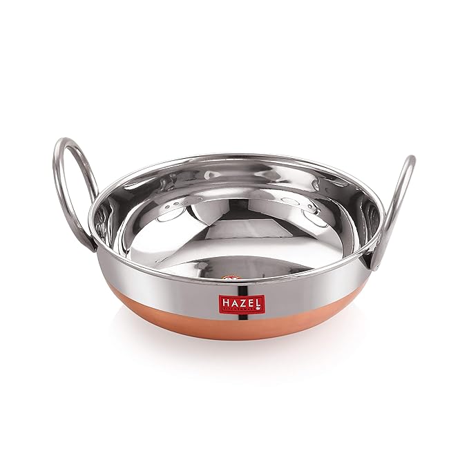 Hazel Stainless Steel Kadai with Lid Copper Bottom Utensil Capacity of 1Ltr I 18 Gauge Vessel