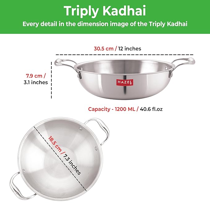 Hazel Triply Kadai with Lid for Cooking 1.2 litres Triply Kadai Steel Induction Bottom