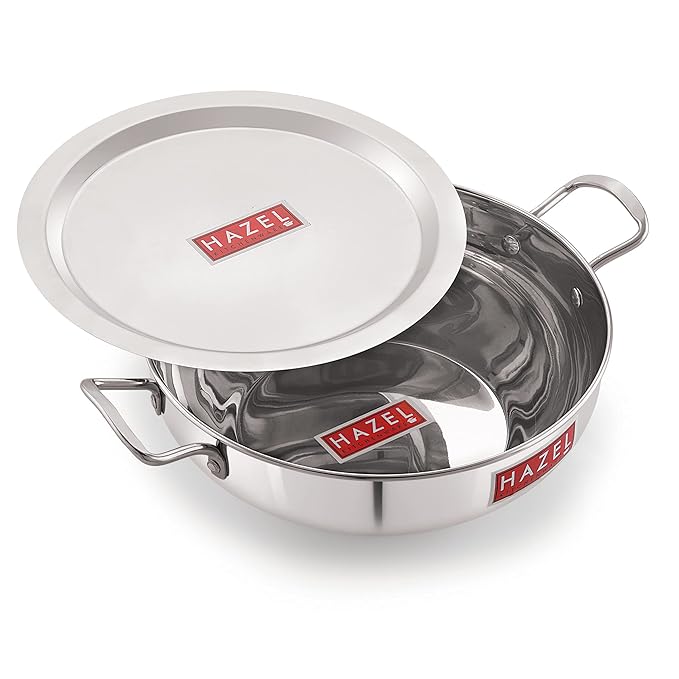 Hazel Induction Base Kadai Kadhai 22 cm with 2500 ml Capacity Stainless Steel with Steel Lid Cover