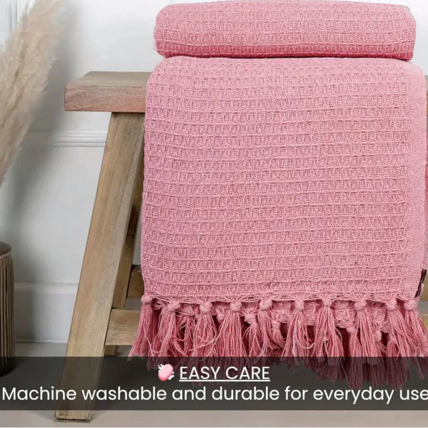 Homadorn Waffle Weave Cotton Throw Blanket Colour Pink