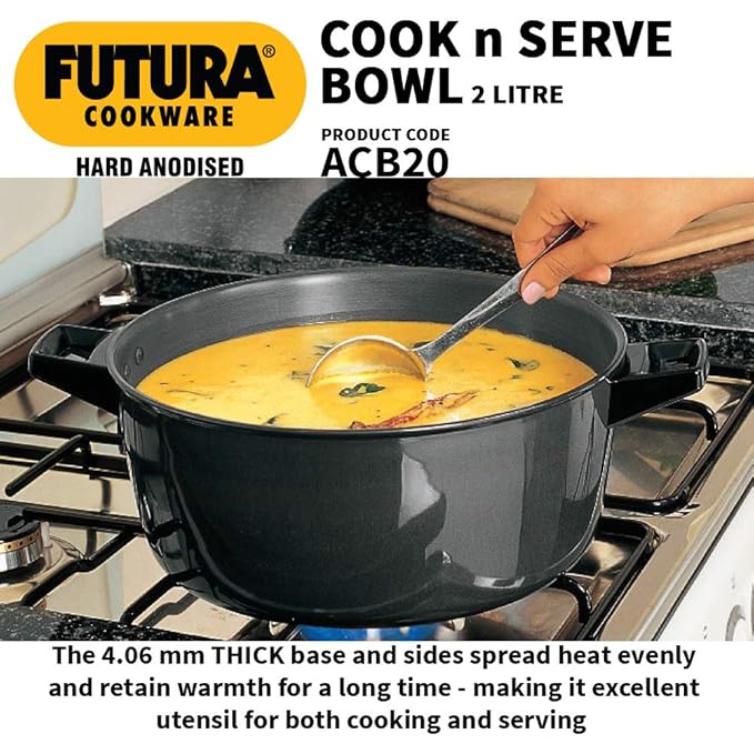 Hawkins Futura 2 Litre Cook n Serve Bowl Hard Anodised Saucepan with Hard Anodised Lid
