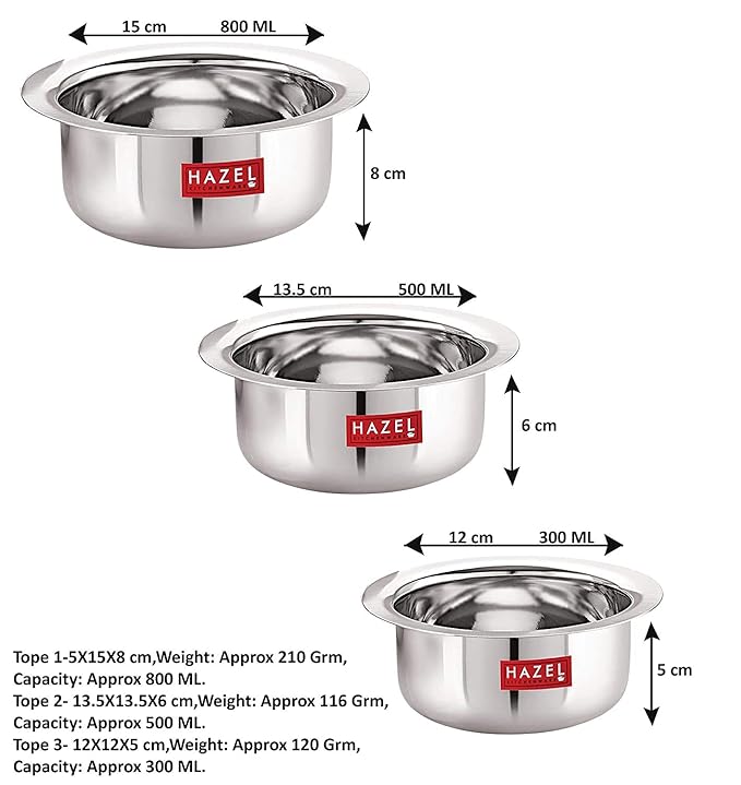 Hazel Small Utensils Set for Kitchen Set of 3 (300 ml, 500 ml & 800 ml) Small Stainless Steel Flat Bottom