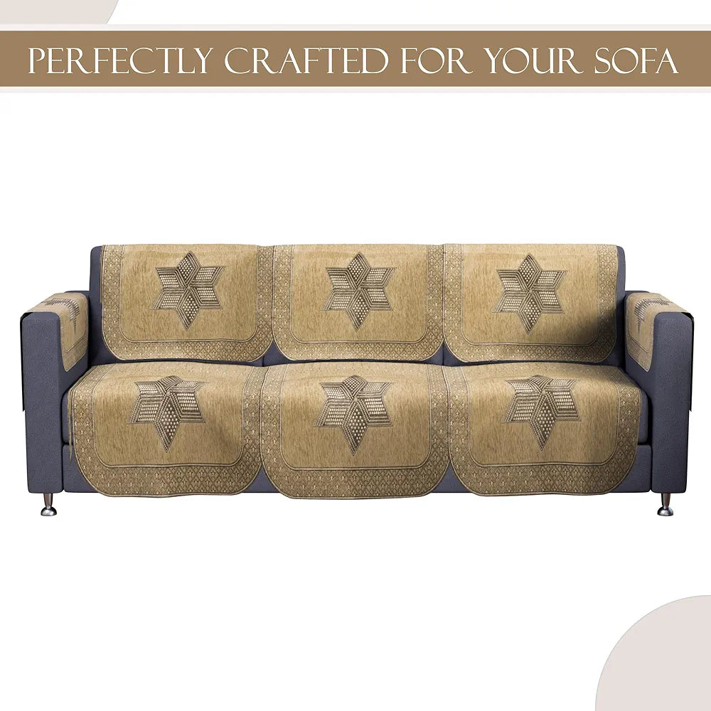 Kuber Industries Set of 16 Anti-Skid Sofa Cover 5-Seater with Arm Cover Star Print Cream & Brown