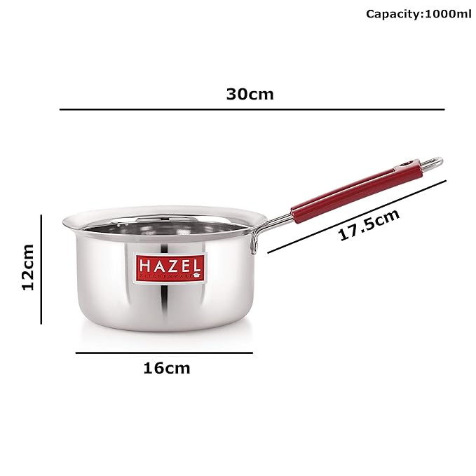Hazel Stainless Steel Milk Saucepan Tea Pan with Fixed Rubber Grip Handle 1000 Ml Silver