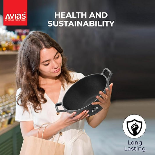 Avias Cast Iron Kadai for Deep Frying 24cm Kadhai Used for Cooking & Stir Fry