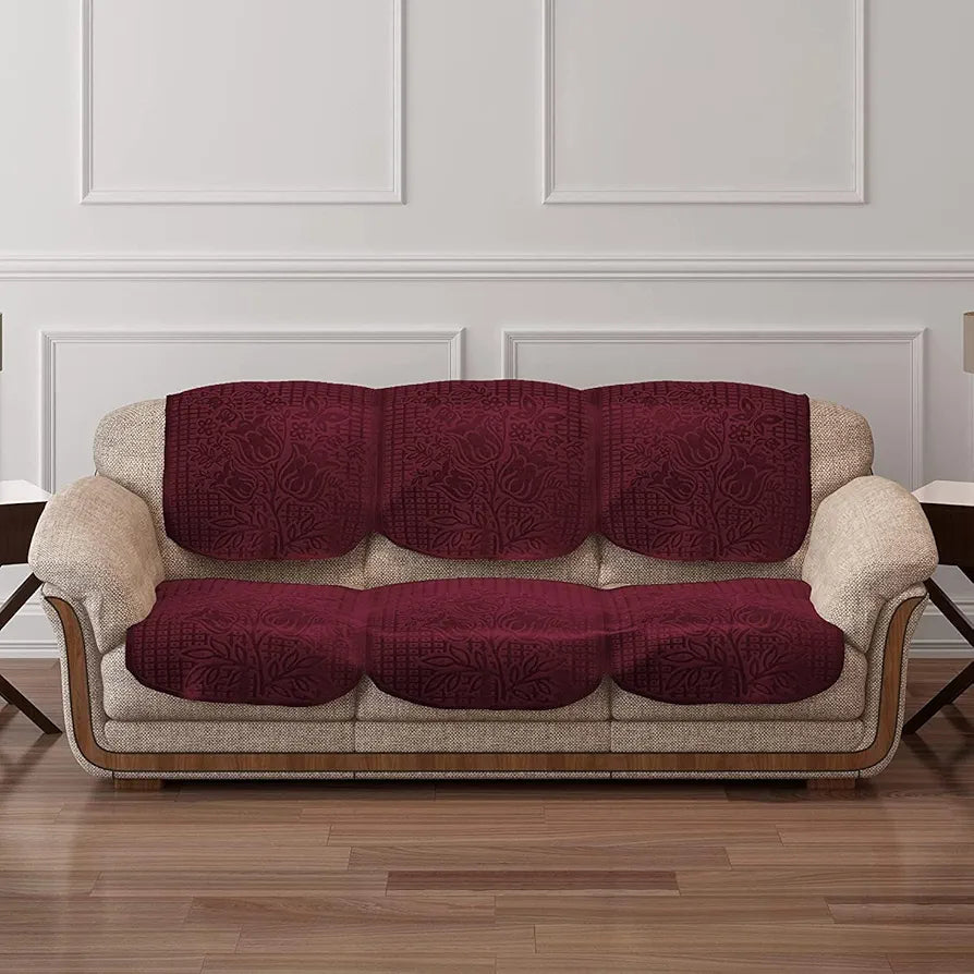 Cloth Fusion Italian Velvet Sofa Cover 5 Seater Set Perfect Floral Embossed Sofa Cover 3 Seater and 2 Seater Maroon