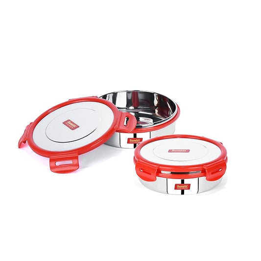 Sumeet Airtight & Leak Proof Steelexo S. S.Lunch Box Lid Size 600 ml Set of 2pc -Red