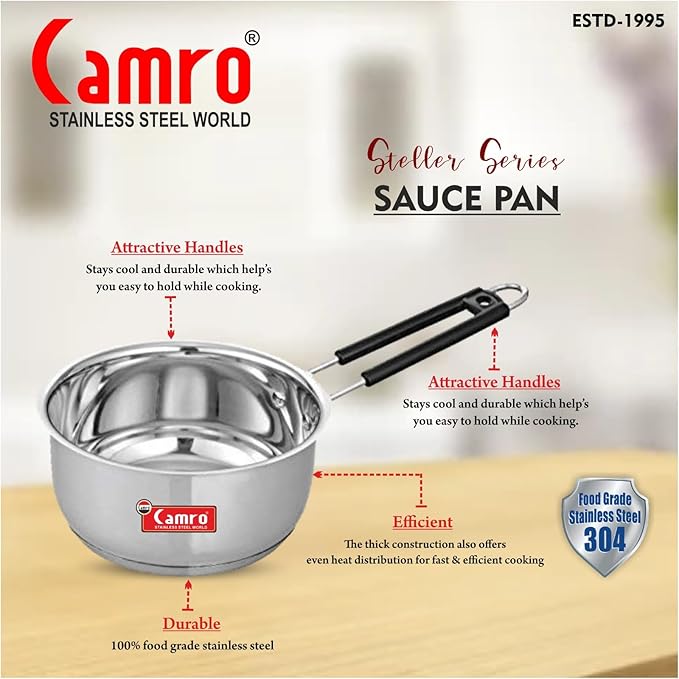 Camro Induction Bottom Deep Sauce Pan 10 No 1.1 Liters Gas Stove Compatible Dishwasher Safe