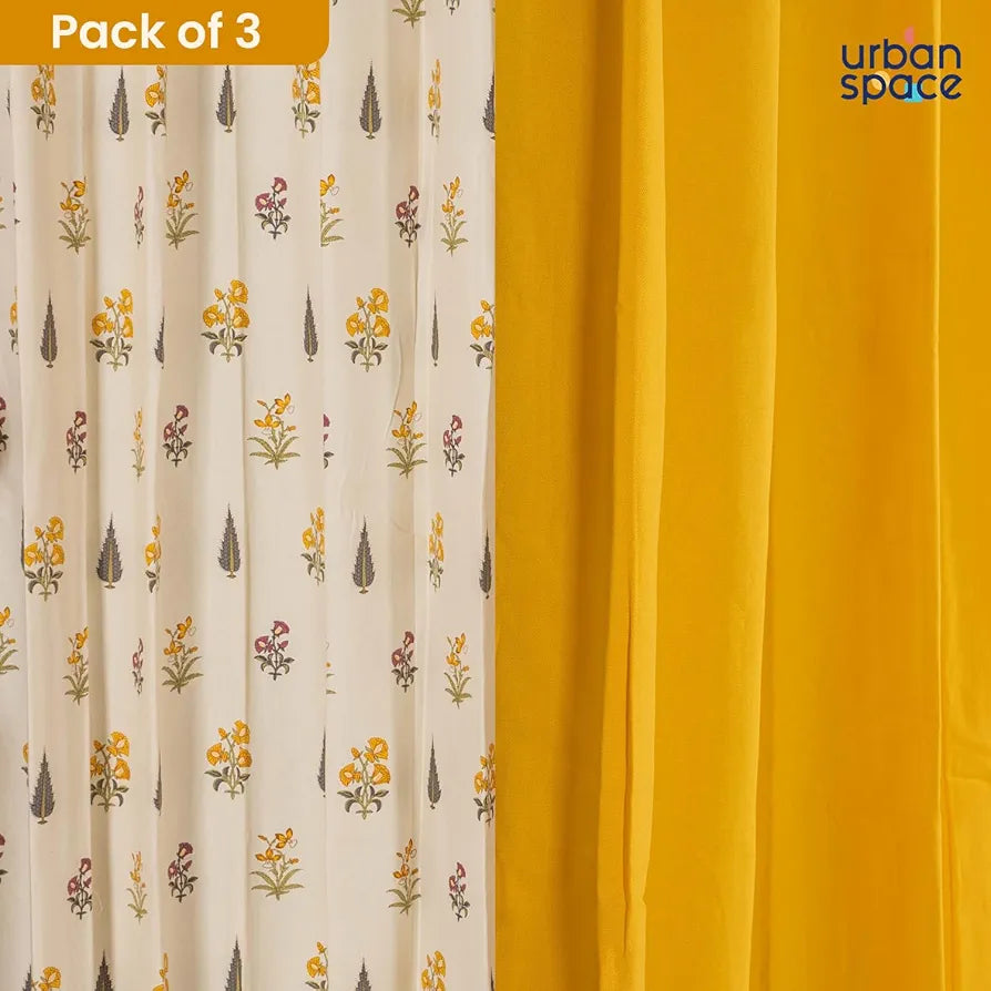 Urban Space Floral Cotton Curtains For Door, Set Of 3 Curtains For Home Decor Mosaic Yellow and Blue & Aura Indigo
